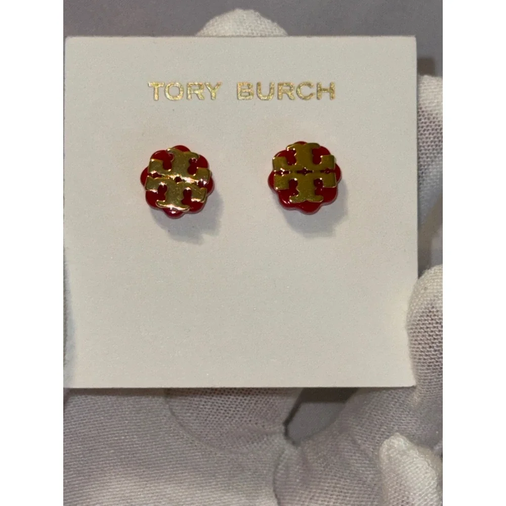 Tory‎ Burch Miller Stud Earrings Red Gold Logo Floral Scalloped NWOT